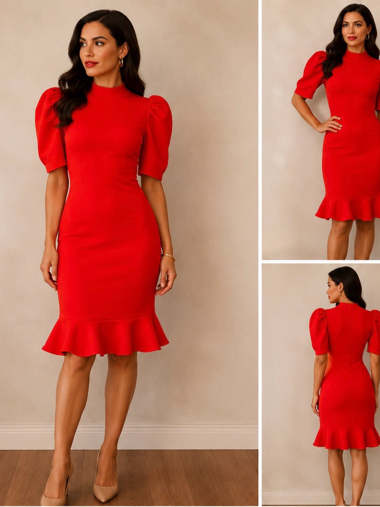 Red Slimming Stretch Dress With Exaggerated Sleeves Size M By Tiffany Houghton